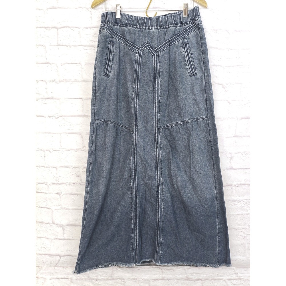 Misslook Denim Maxi Skirt Elastic Waist Raw Hem Boho Prairie SEE MEASUREMENT